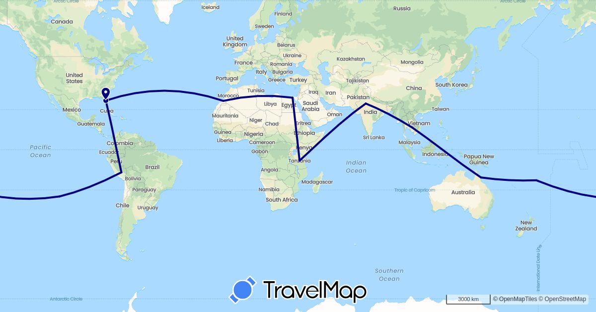 TravelMap itinerary: driving in Australia, Chile, Egypt, Fiji, India, Cambodia, Morocco, Peru, Tanzania, United States (Africa, Asia, North America, Oceania, South America)