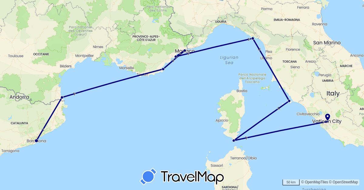 TravelMap itinerary: driving in Spain, France, Italy, Monaco (Europe)